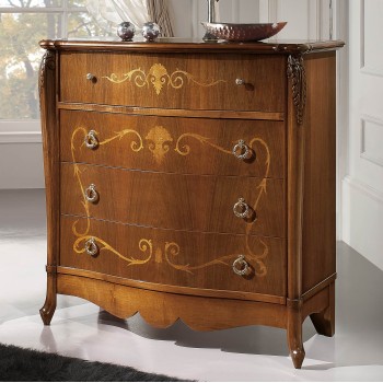 Comò Pesaro con piano in legno e intarsi floreali