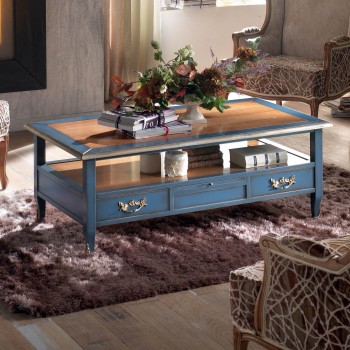 Tavolino rettangolare con 4 cassetti e decorazione floreale