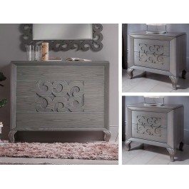 Comodino 2 cassetti con gamba sagomata, decoro traforato