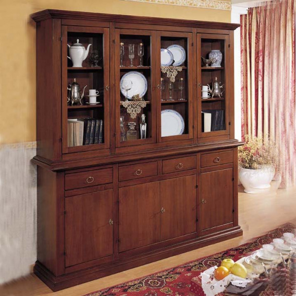 CRISTALLIERA VETRINA CREDENZA BASE + ALZATA 4 ANTE DECORATA AVORIO  PENNELLATO - codluis 1038