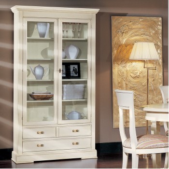 Vetrina 2 ante con vetri molati e cassetti decorati bianco spigolato