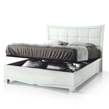 Letto imbottito con contenitore aperto, ecopelle bianca