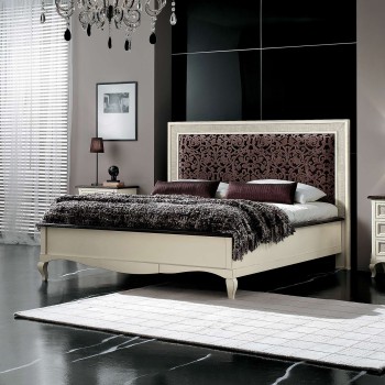 Letto con testata in tessuto damascato, gambe curve
