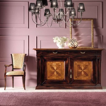 Credenza con 2 porte intarsiate a quadrifoglio, dettaglio intarsi