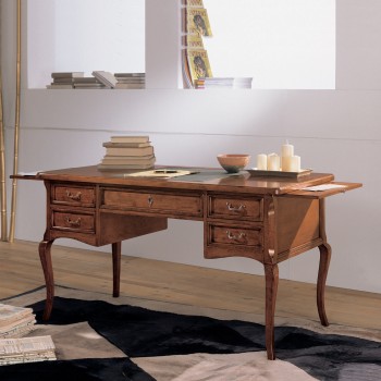 Scrivania con piano in ecopelle e gambe in legno
