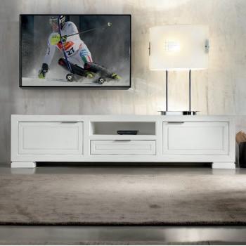 Porta TV con 2 ante, cassetto e vano a giorno in legno bianco