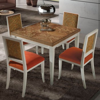 Tavolo con intarsio allungabile 100x100 a 180x100 con dettagli del piano