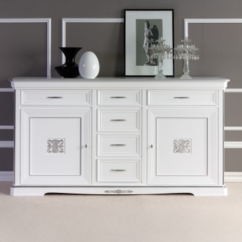 Credenza 2 porte 6 cassetti con intagli floreali bianca