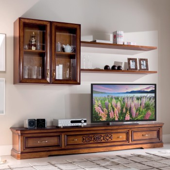 Composizione con porta tv intagliato, dettaglio cassetti