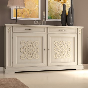 Credenza 2 porte con decoro in rilievo in legno, dettaglio del basamento