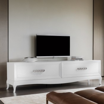 Porta TV con piedi in legno, dettagli venature