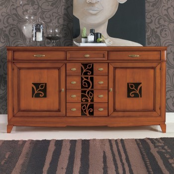 Credenza 2 ante 7 cassetti, dettagli floreali intagliati