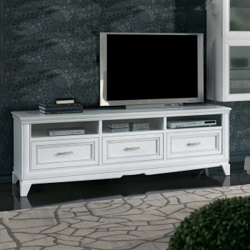 Base porta TV 3 cassetti 3 vani, dettaglio bianco laccato