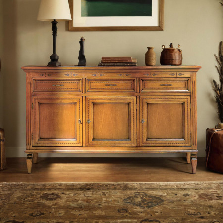 Credenza con 3 ante e 3 cassetti con piedini a spillo in legno