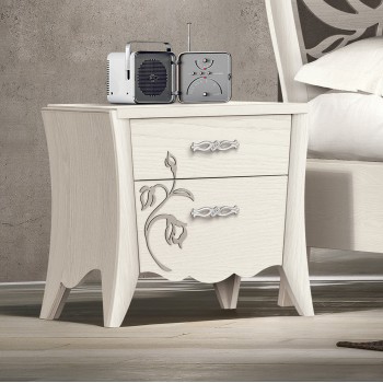 Comodino in frassino con decoro floreale e maniglie Swarovski