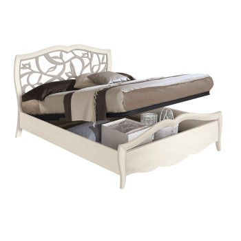 Letto king size in frassino con testata traforata, contenitore aperto