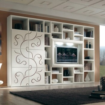 Libreria ante rilievo noce cornice TV liscia con illuminazione