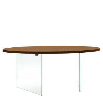 Tavolo ovale in cristallo piano legno rovere bordo dritto