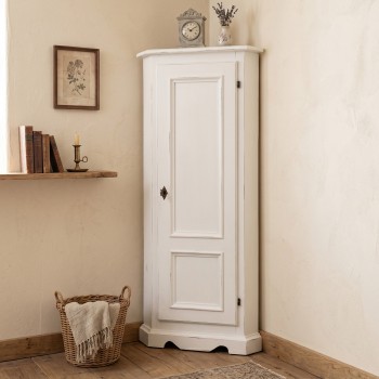 Angoliera shabby chic in legno bianco con zoccolino