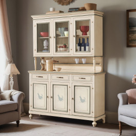 Credenza 3 ante con vetrina e decori con pavoncella sarda