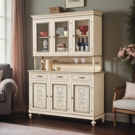 Credenza 3 ante con vetrina con decori shabby chic