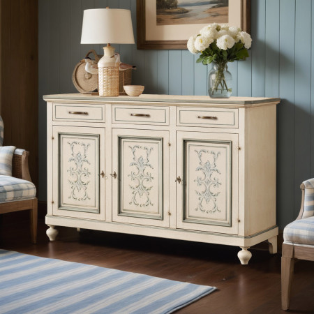 Credenza 3 porte e 3 cassetti con decori shabby chic