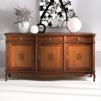 Credenza 3 porte 3 cassetti intarsiata con dettagli floreali