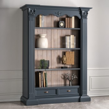 Libreria classica in legno intagliata con ripiani decorati