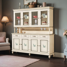 Credenza 4 ante con vetrina decorata con pavoncella sarda