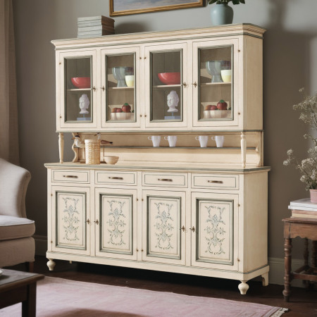 Credenza 4 ante con vetrina con decori shabby chic