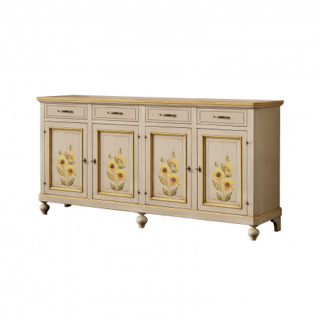 Credenza classica in legno con 4 ante e 4 cassetti con girasoli