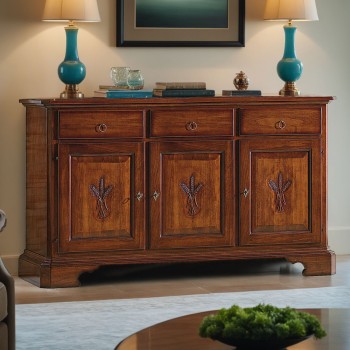 Credenza intagliata con 3 ante e 3 cassetti, dettaglio spighe