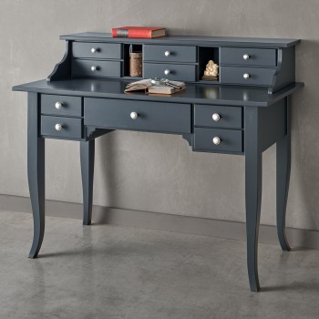 Scrittoio 11 cassetti in legno, dettaglio gambe sciabola