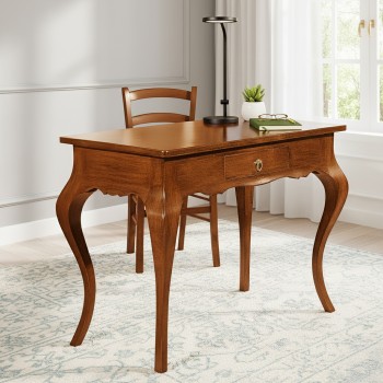 Scrittoio classico in legno con gambe curvate e cassetto