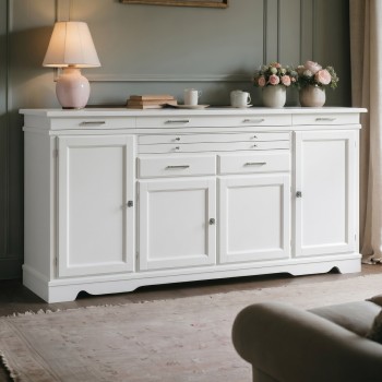 Credenza country 4 porte 7 cassetti in legno massello bianco