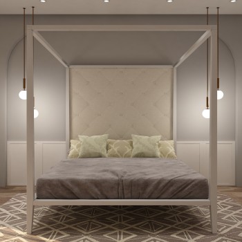 Letto a baldacchino king size con testata capitonnè, legno di tiglio