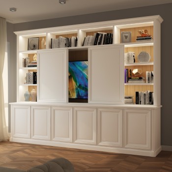 Mobile soggiorno su misura con ante scorrevoli LED, libreria integrata