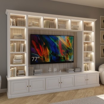 Mobile da soggiorno con luci LED e TV integrata, dettaglio scaffalatura