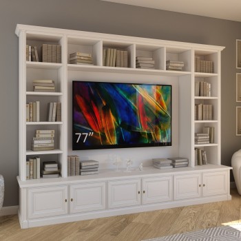 Mobile soggiorno in legno con TV 77 pollici e libreria