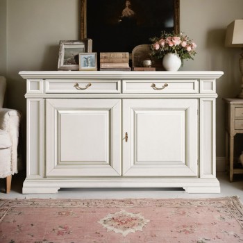 Credenza in legno con 2 ante, dettaglio cornici e cassetti