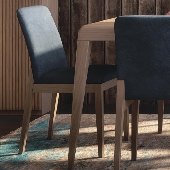 Sedia in legno Antares con fondino blu, dettaglio laterale