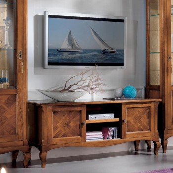 Porta tv ante scorrevoli con intarsio geometrico in legno
