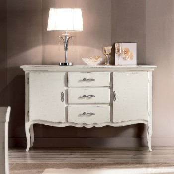 Credenzina 2 porte 3 cassetti gambe alte in legno massello con dettagli decorativi
