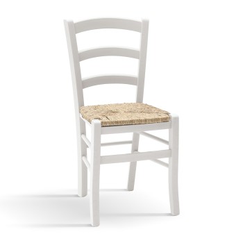 Sedia anilina bianca in legno con seduta in paglia rustica