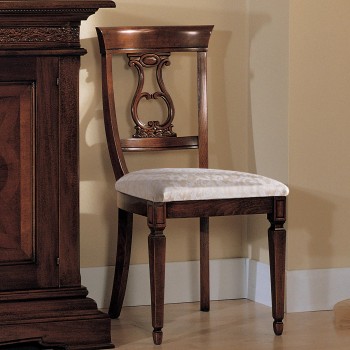 Sedia con fondino imbottito, schienale intagliato, legno faggio