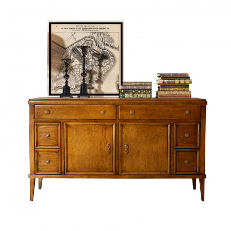 Credenza vintage in legno con 2 ante e 6 cassetti