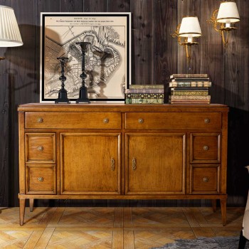 Credenza in legno con 2 ante e 6 cassetti, dettaglio davanti