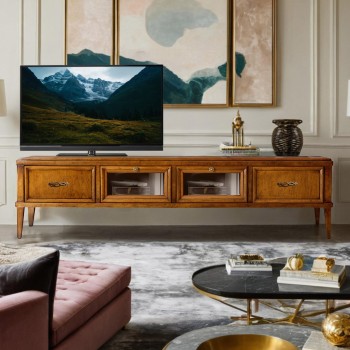 Porta TV con 2 cassetti grandi e due ribalte in legno scuro