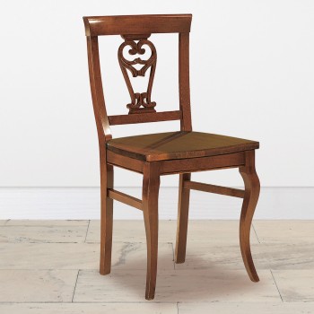 Sedia gambe sagomate sedile in legno, schienale decorato