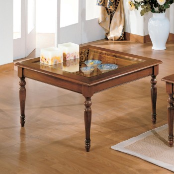 Tavolino quadrato 80 x 80 in legno e vetro, gambe tornite